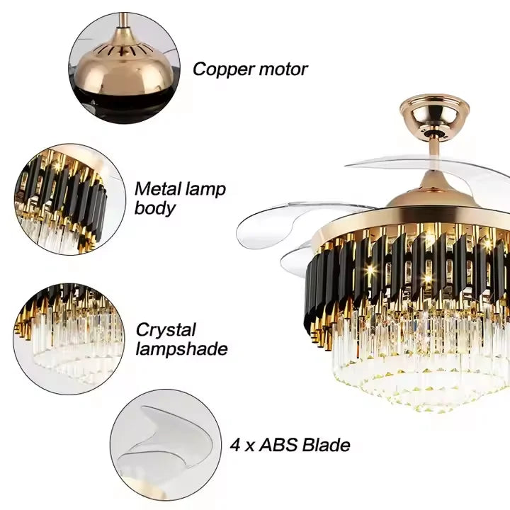 Modern 42-Inch Crystal and Metal Ceiling Fan with LED Light 4 Acrylic Blades DC Motor for Home Living Room Decoration