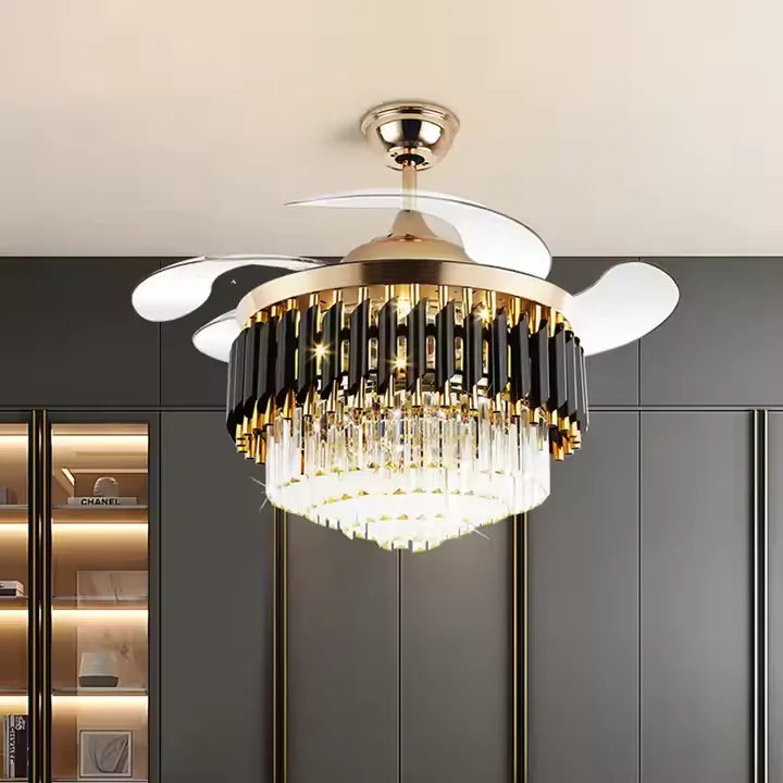 Modern 42-Inch Crystal and Metal Ceiling Fan with LED Light 4 Acrylic Blades DC Motor for Home Living Room Decoration