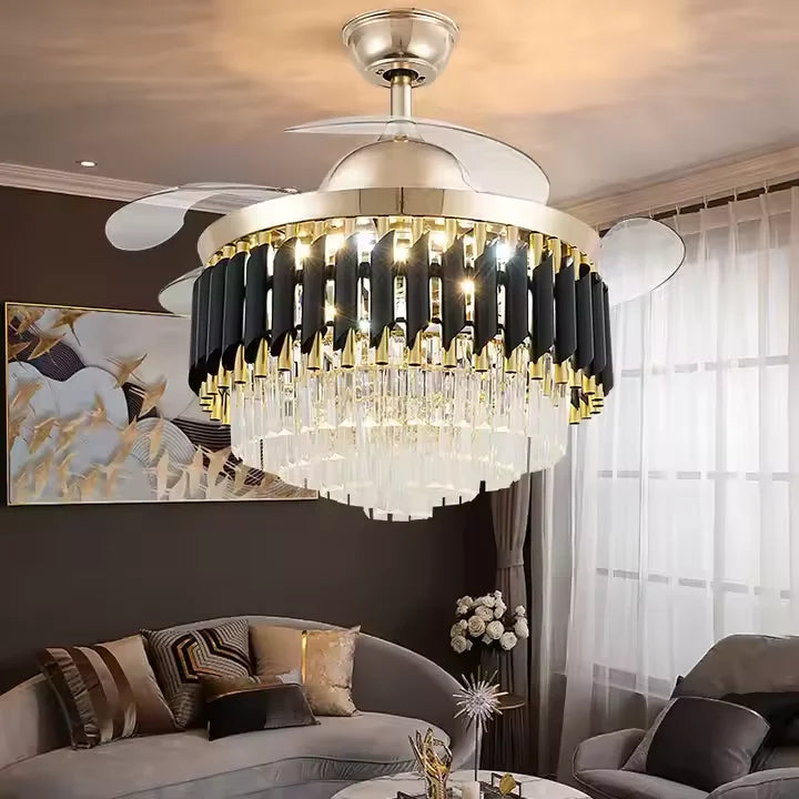 Modern 42-Inch Crystal and Metal Ceiling Fan with LED Light 4 Acrylic Blades DC Motor for Home Living Room Decoration