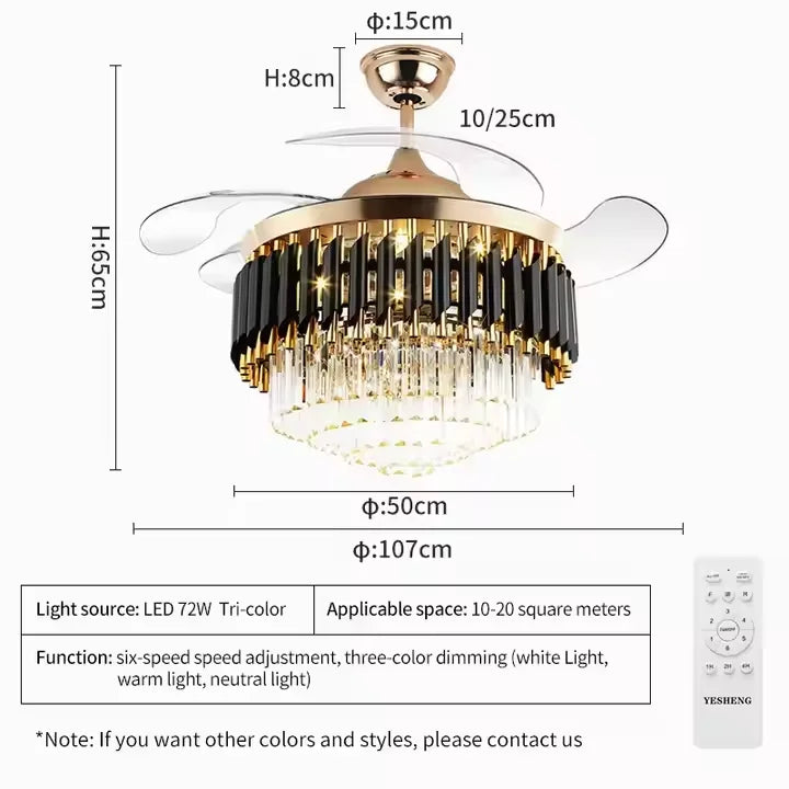 Modern 42-Inch Crystal and Metal Ceiling Fan with LED Light 4 Acrylic Blades DC Motor for Home Living Room Decoration