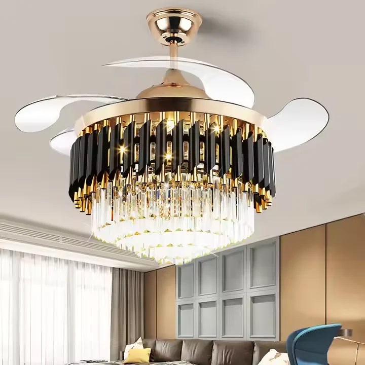 Modern 42-Inch Crystal and Metal Ceiling Fan with LED Light 4 Acrylic Blades DC Motor for Home Living Room Decoration
