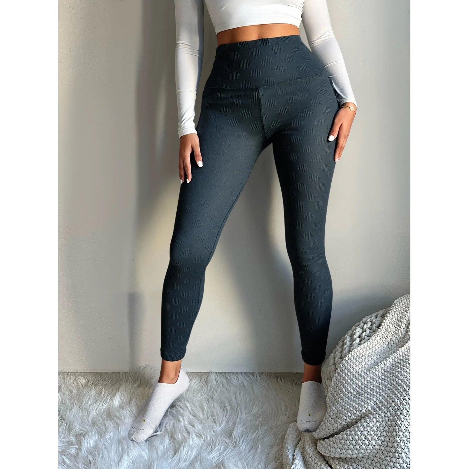 LJ Women's High Waist Seamless Solid Textured Yoga Leggings Black Calf-Length Activewear Push-Up Effect Spandex Nylon Elastic