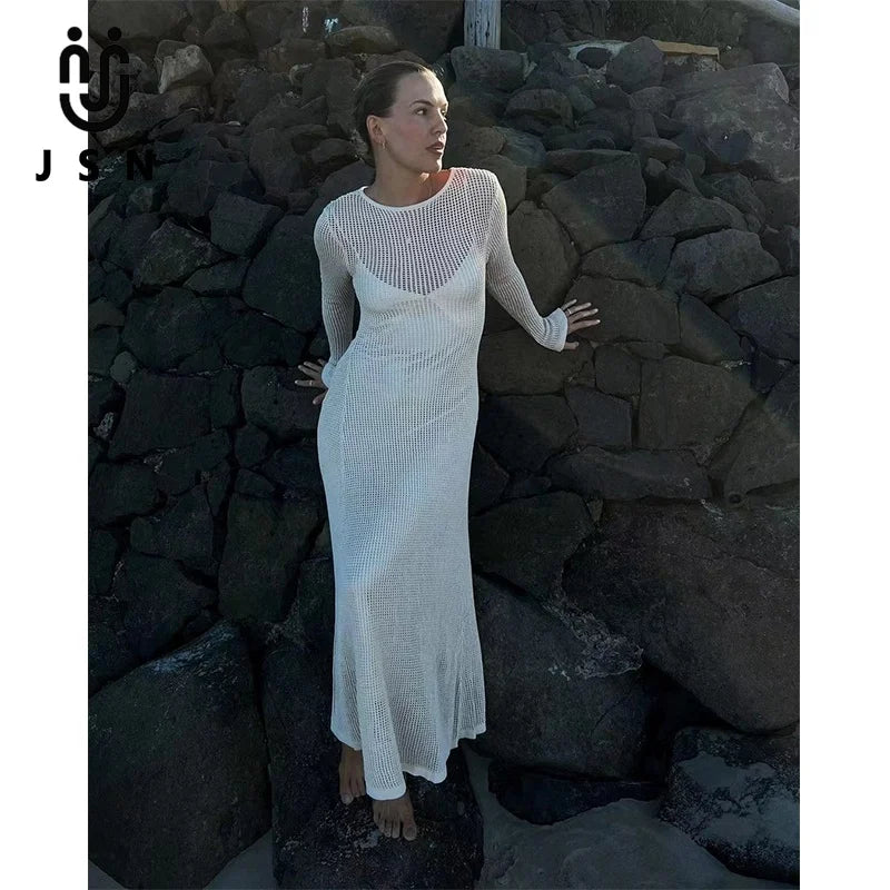 JSN  Mesh Beach Vacation Sexy Knitted Hollow Out Summer Women Bikini Cover up