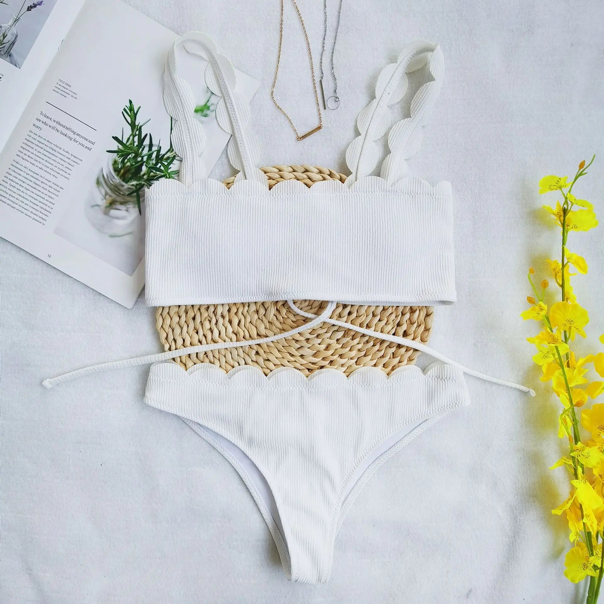 Swimwear Women Bikini Set Lace up Solid Color Flounce Swimming Suit For Women Swimsuit Sexy Beach Wear New swimsuit