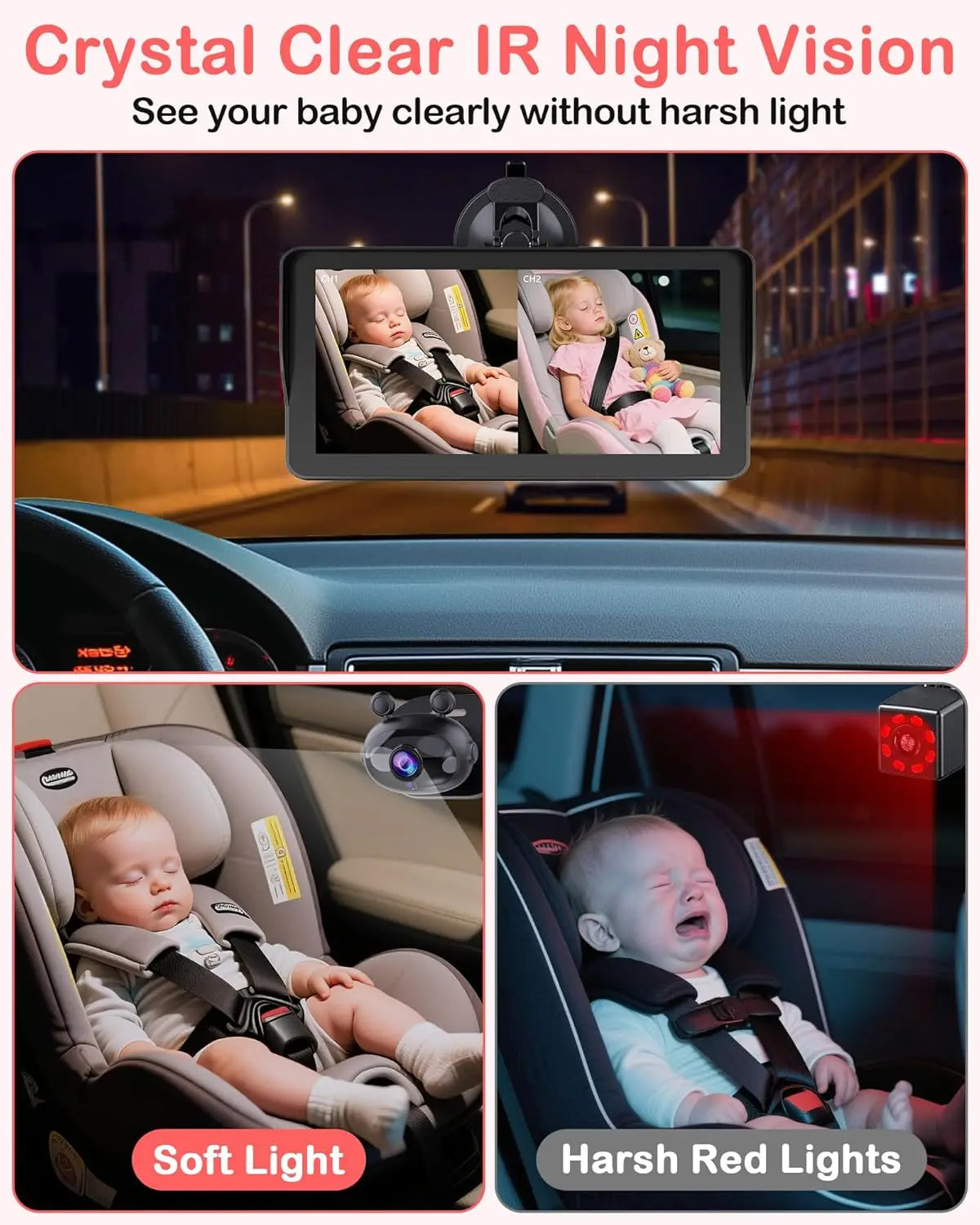 6.9 Inch Dual Baby Car Camera HD 1080P Split Display Night Vision Carseat Camera for 2 Kids USB 5 Mins Easy Install