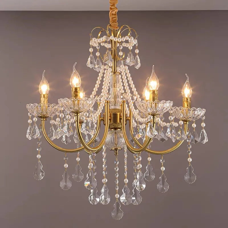 French Vintage Pearl Lamp American Retro Crystal Chandelier for Luxury Villa Dining Bedroom Middle Sizes Pendant Lights Ceiling