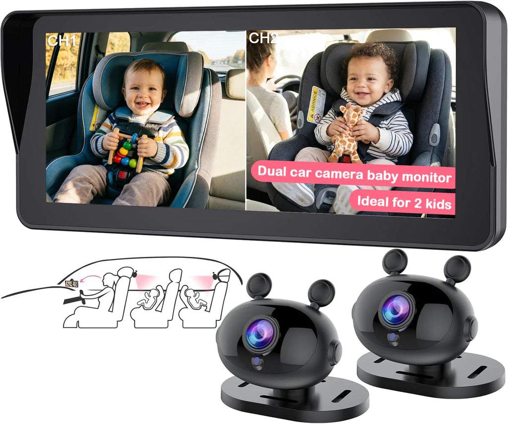 6.9 Inch Dual Baby Car Camera HD 1080P Split Display Night Vision Carseat Camera for 2 Kids USB 5 Mins Easy Install
