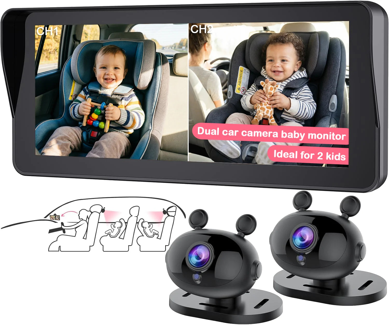6.9 Inch Dual Baby Car Camera HD 1080P Split Display Night Vision Carseat Camera for 2 Kids USB 5 Mins Easy Install