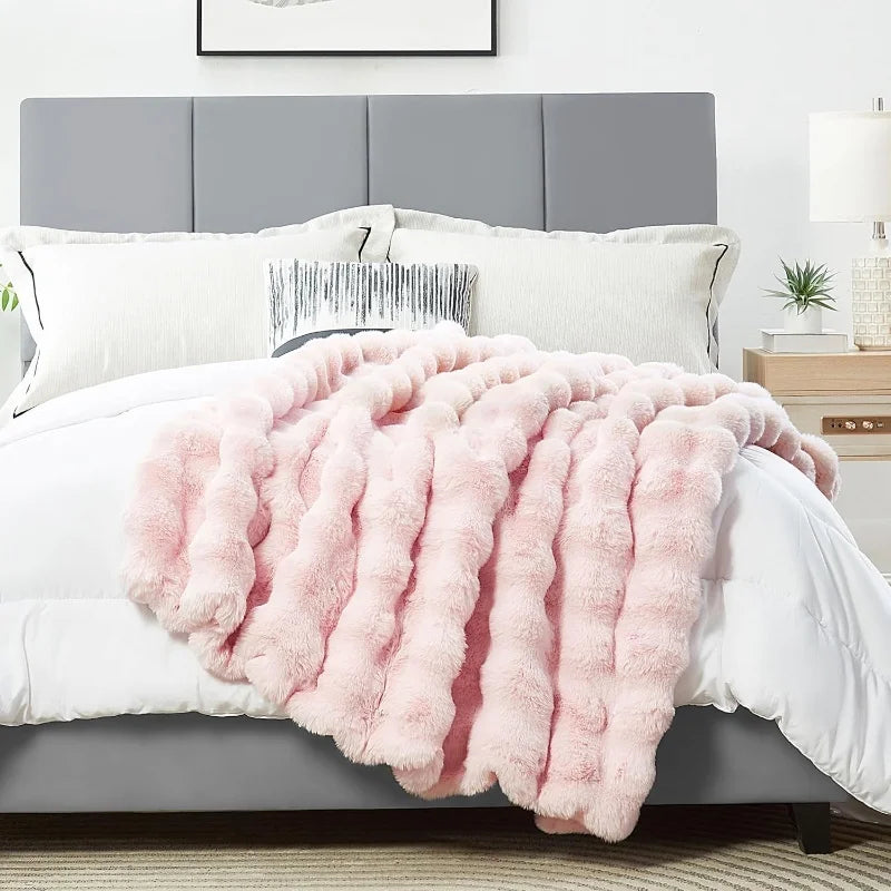 Zhengtai Home Decoration Couch Bed Sofa Rabbit Faux Fur Fuzzy Pink Throw Blanket