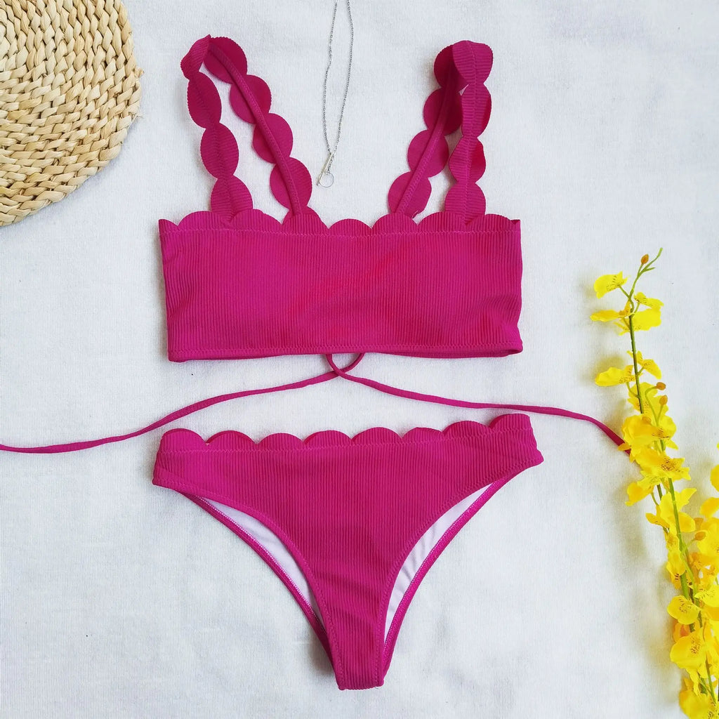Swimwear Women Bikini Set Lace up Solid Color Flounce Swimming Suit For Women Swimsuit Sexy Beach Wear New swimsuit