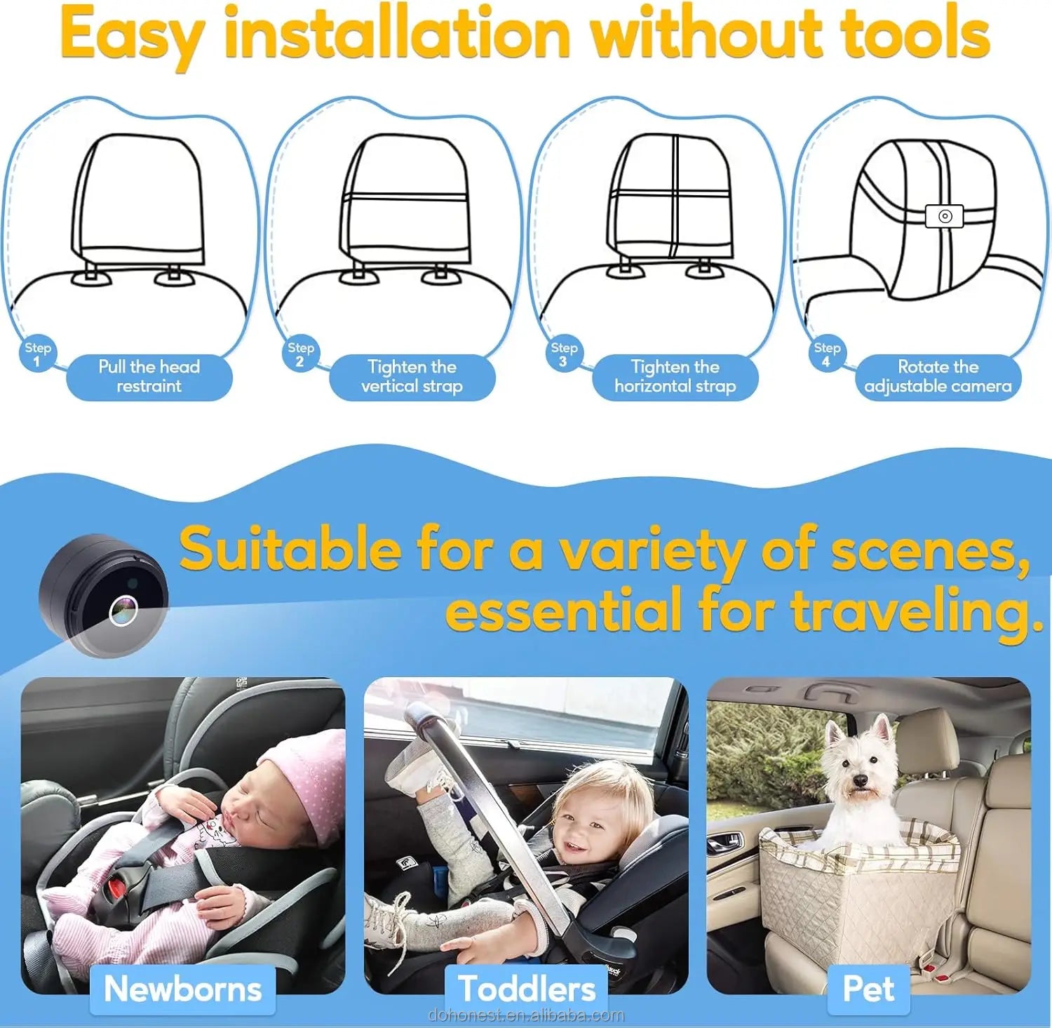 4.3 Inches Available for Rear Seat Pram Camera 1080p - Plug and Play, Child Rear View Rear Car Camera 360° Swivel