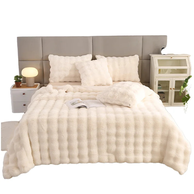Cross-border Winter Solid Knitted Bubble Velvet Thickened Fleece Warm Imitation Rabbit Plush Double Siesta Casual Blanket