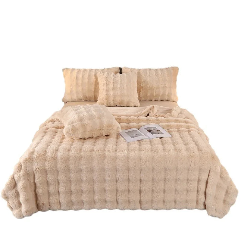 Cross-border Winter Solid Knitted Bubble Velvet Thickened Fleece Warm Imitation Rabbit Plush Double Siesta Casual Blanket