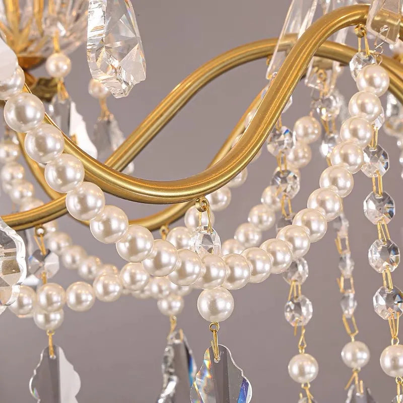 French Vintage Pearl Lamp American Retro Crystal Chandelier for Luxury Villa Dining Bedroom Middle Sizes Pendant Lights Ceiling