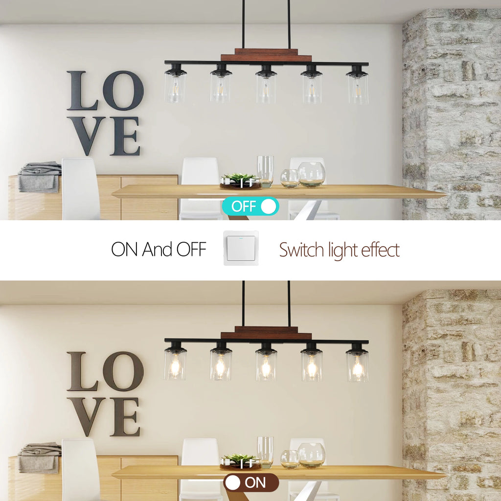 37" Farmhouse Industrial 5-Light Kitchen Island Pendant Light, Metal Wood Chandelier with Clear Glass Shades (No Bulbs)