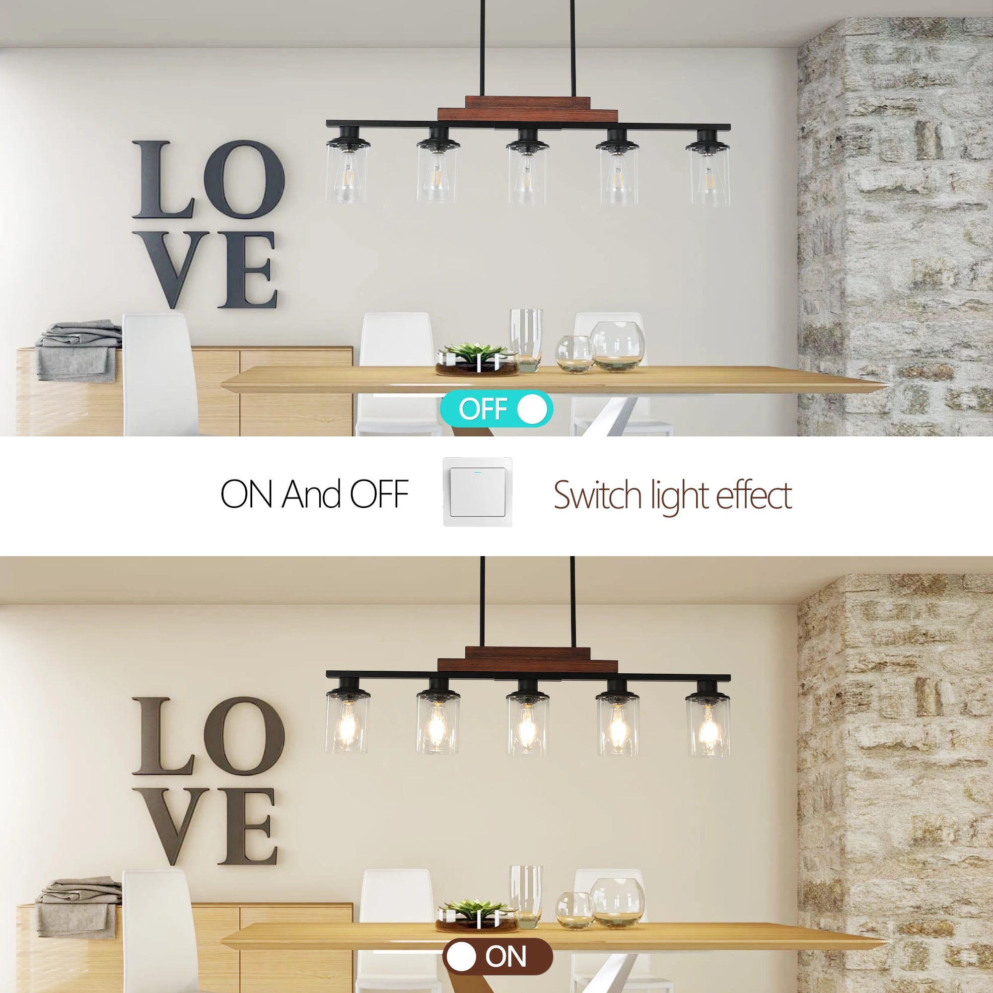 37" Farmhouse Industrial 5-Light Kitchen Island Pendant Light, Metal Wood Chandelier with Clear Glass Shades (No Bulbs)