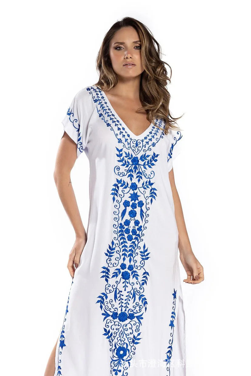 Embroidery Beach Cover up Saida De Praia Swimsuit Women Bikini Cover up Tunics for Beach Pareo Sarong Beachwear