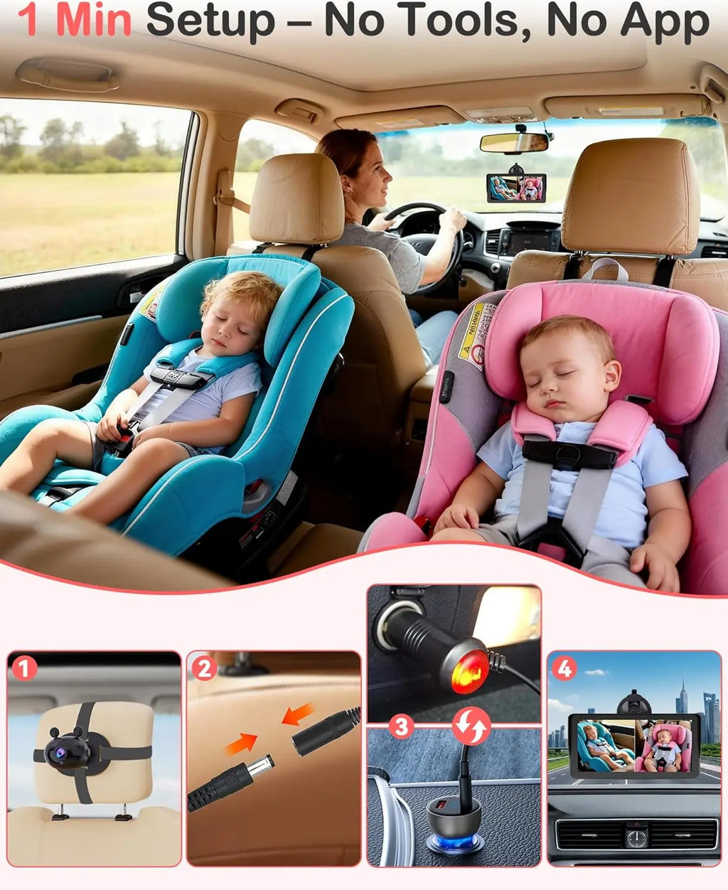 6.9 Inch Dual Baby Car Camera HD 1080P Split Display Night Vision Carseat Camera for 2 Kids USB 5 Mins Easy Install