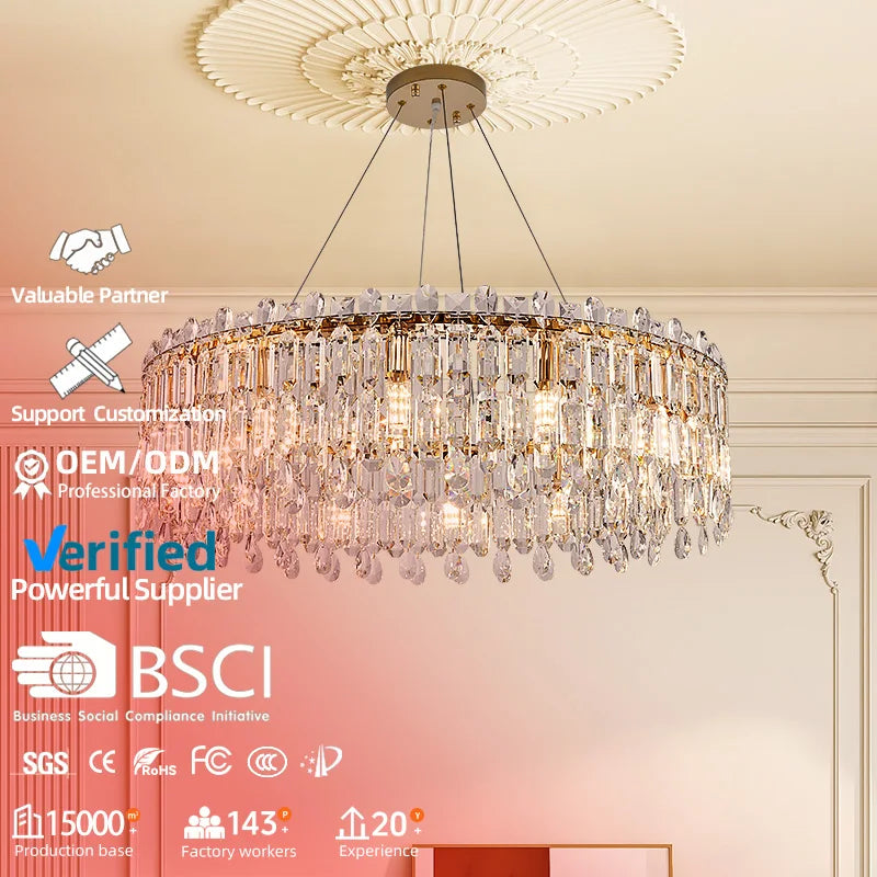 Luxury Modern Round Crystal Classic Wedding Villa Dining Led Chandelier Light for Livingroom Hotel Bedroom Pendant Lamp