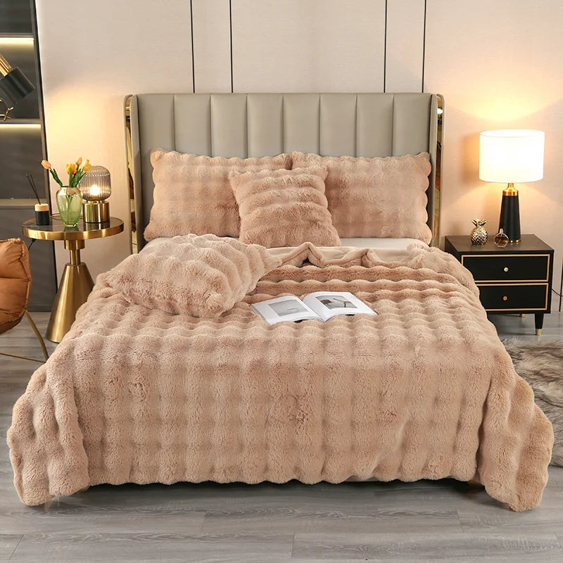 Cross-border Winter Solid Knitted Bubble Velvet Thickened Fleece Warm Imitation Rabbit Plush Double Siesta Casual Blanket