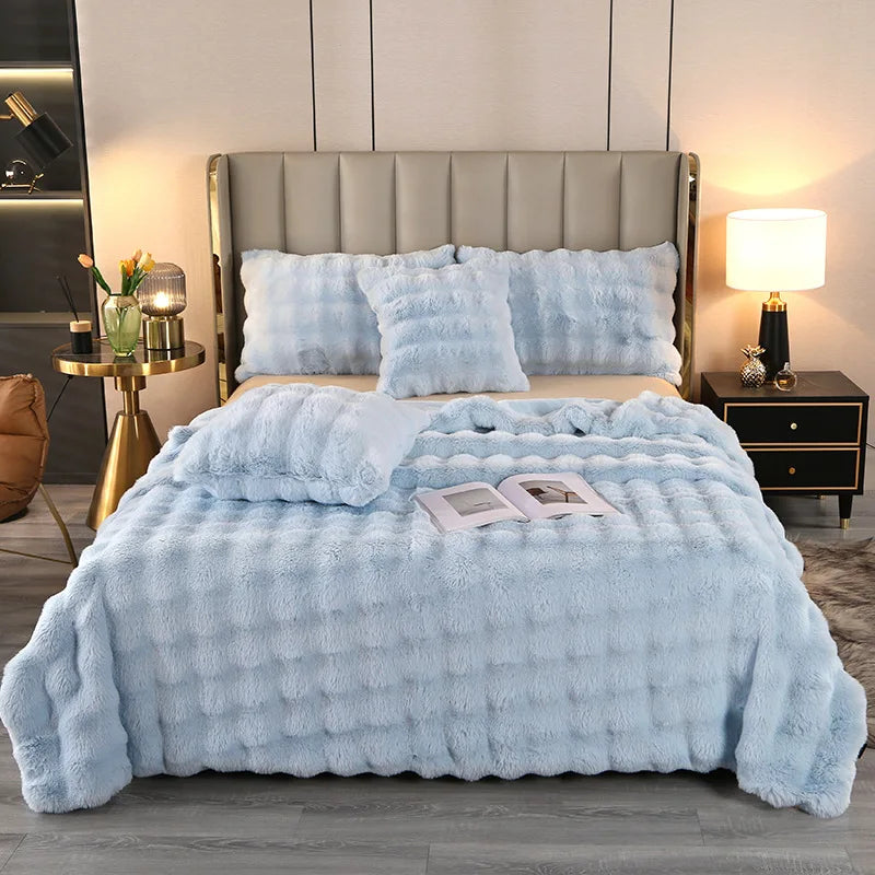Cross-border Winter Solid Knitted Bubble Velvet Thickened Fleece Warm Imitation Rabbit Plush Double Siesta Casual Blanket