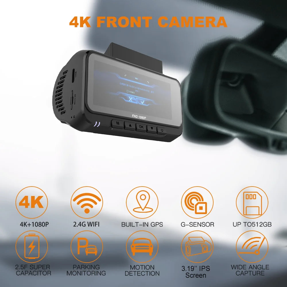 4K+1080P Car DVR Black Box GPS WIFI 2 Channel Front and Rear Dash Cam Car Camera Recorder Night Vision Parking Monitor ZD72C