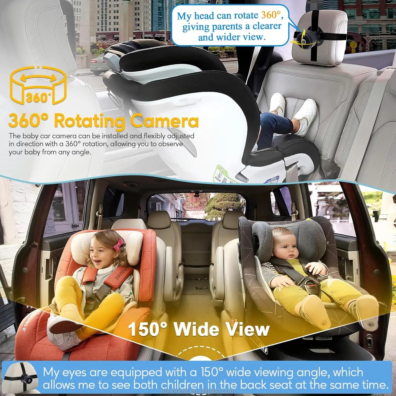 4.3 Inches Available for Rear Seat Pram Camera 1080p - Plug and Play, Child Rear View Rear Car Camera 360° Swivel