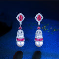 Glamorous Jewelry White and Red Rhodium Plated Cubic Zirconia Anniversary Pearl Long Drop Earring for Women Beauty Pageant