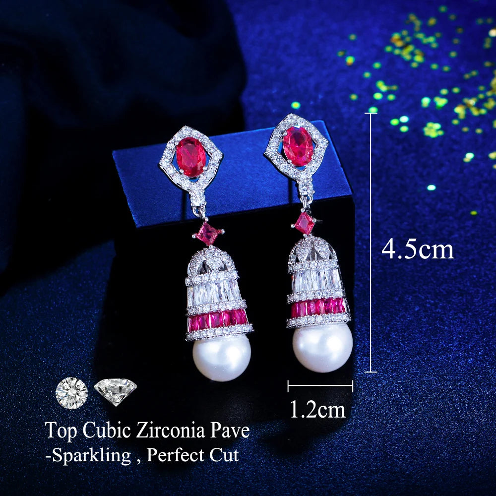 Glamorous Jewelry White and Red Rhodium Plated Cubic Zirconia Anniversary Pearl Long Drop Earring for Women Beauty Pageant