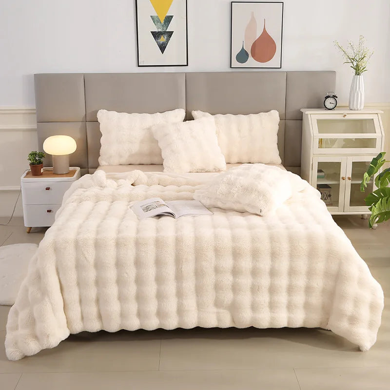 Cross-border Winter Solid Knitted Bubble Velvet Thickened Fleece Warm Imitation Rabbit Plush Double Siesta Casual Blanket