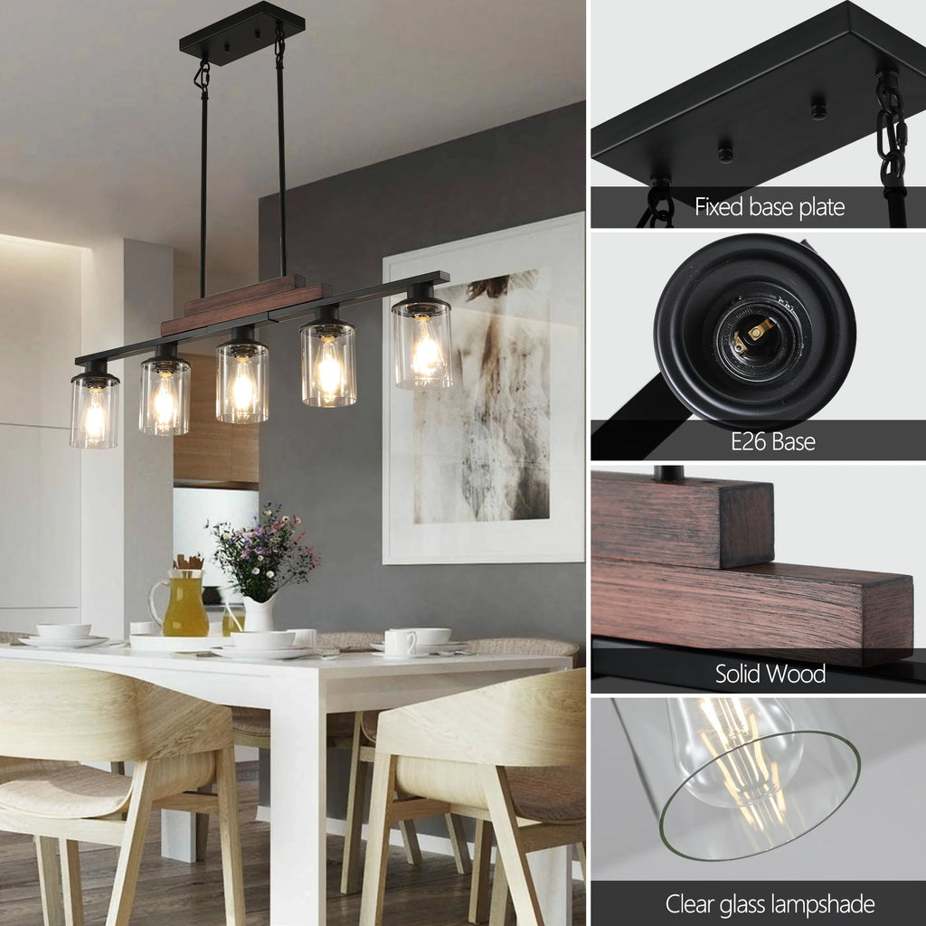 37" Farmhouse Industrial 5-Light Kitchen Island Pendant Light, Metal Wood Chandelier with Clear Glass Shades (No Bulbs)