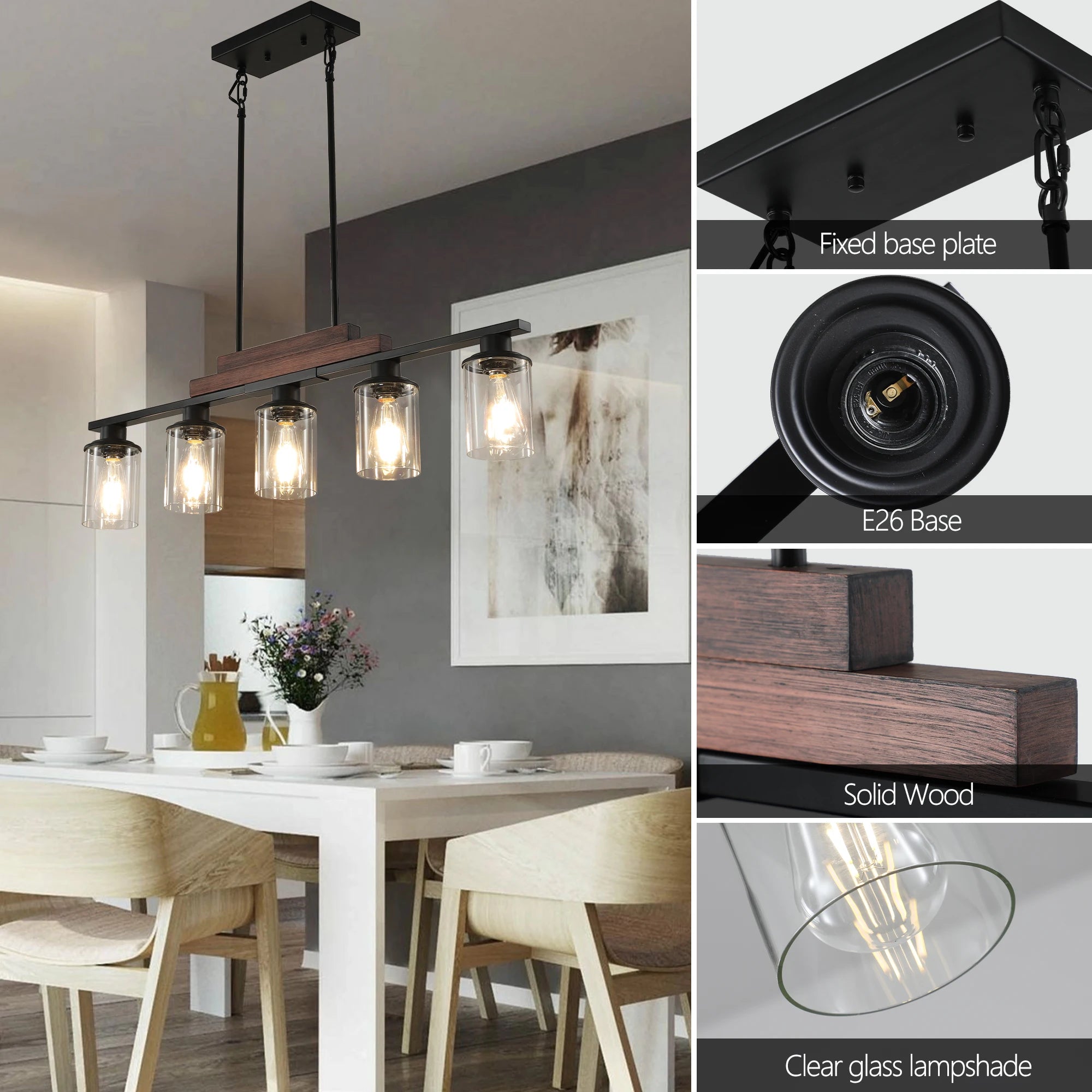 37" Farmhouse Industrial 5-Light Kitchen Island Pendant Light, Metal Wood Chandelier with Clear Glass Shades (No Bulbs)
