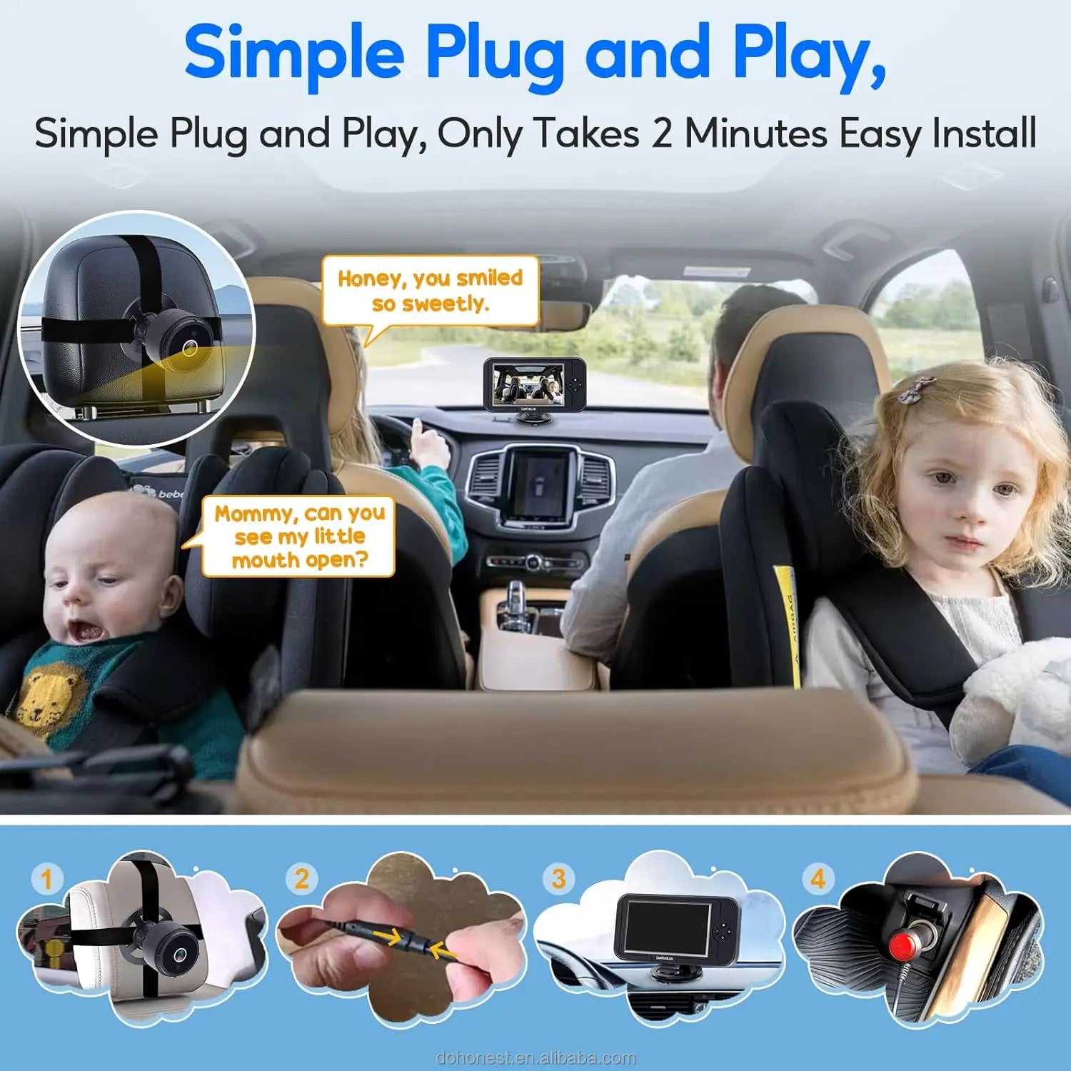 4.3 Inches Available for Rear Seat Pram Camera 1080p - Plug and Play, Child Rear View Rear Car Camera 360° Swivel