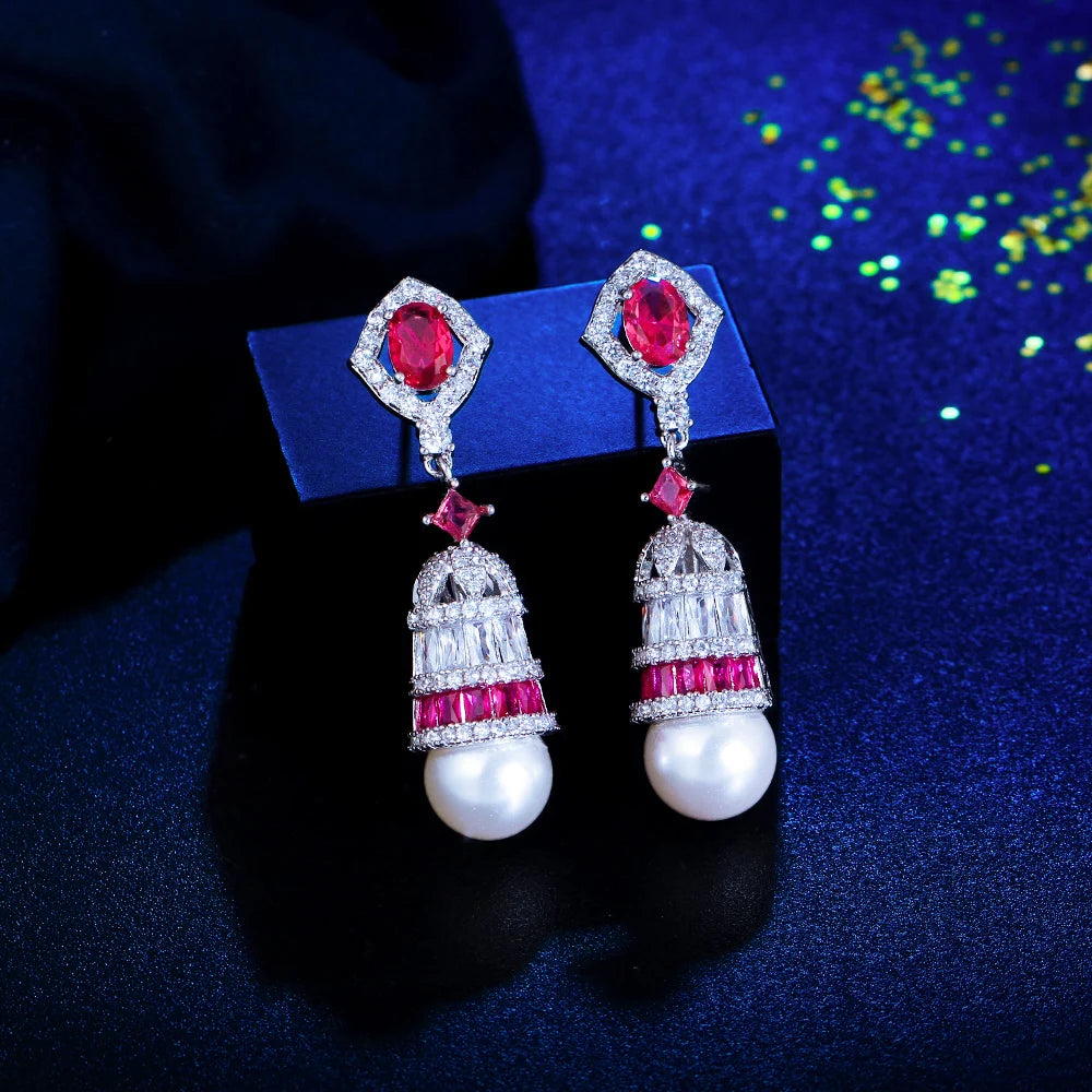Glamorous Jewelry White and Red Rhodium Plated Cubic Zirconia Anniversary Pearl Long Drop Earring for Women Beauty Pageant