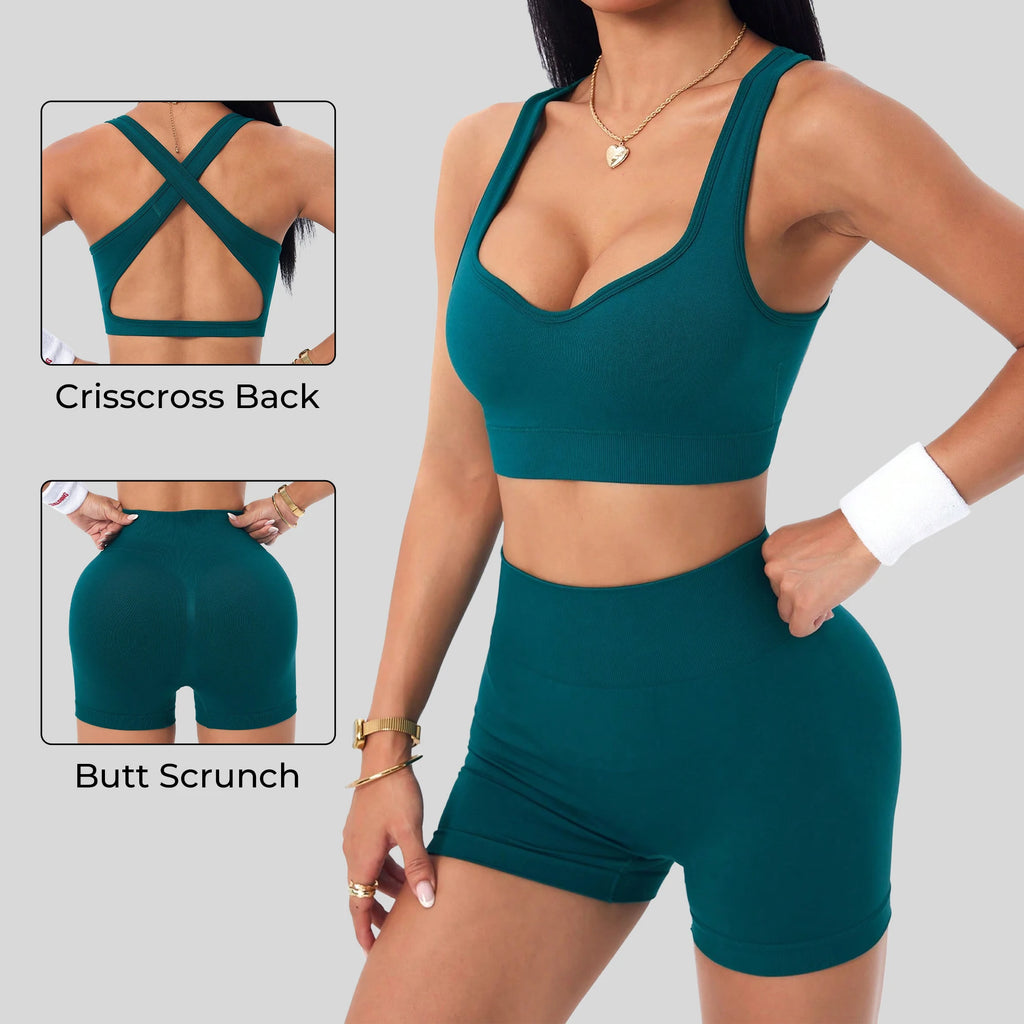 Women's Seamless Yoga Set Cross Strap Sports Bra Peach Butt Fitness Shorts Solid Pattern Printed Sports Apparel for Running Yoga