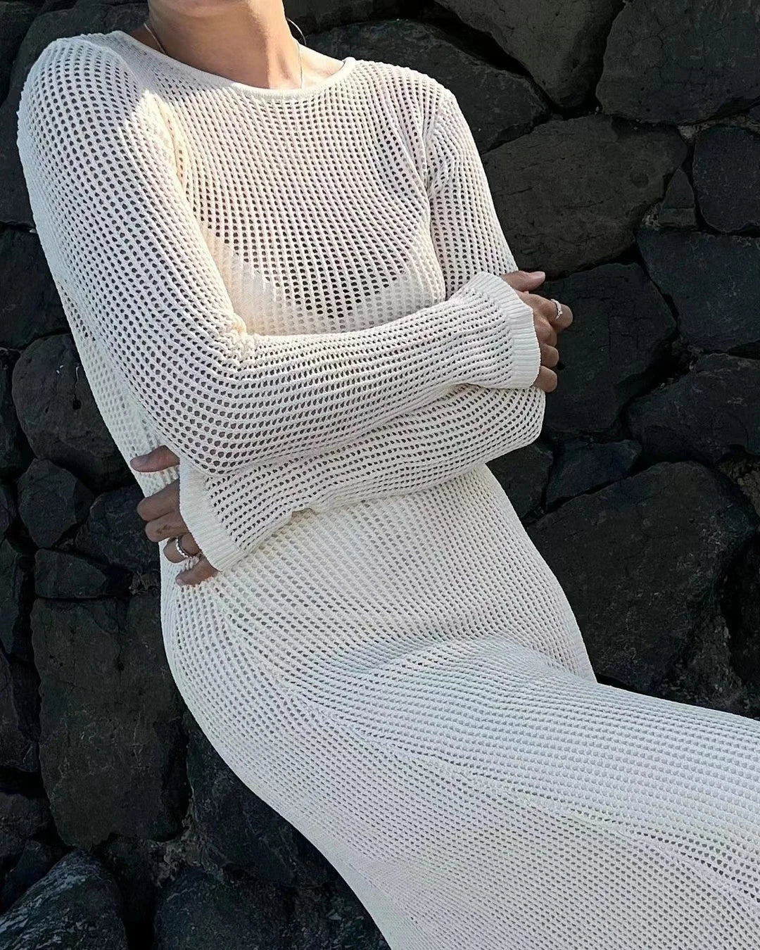 JSN  Mesh Beach Vacation Sexy Knitted Hollow Out Summer Women Bikini Cover up