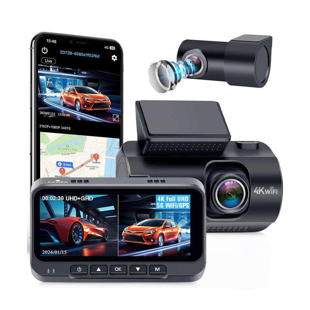 4K+1080P Car DVR Black Box GPS WIFI 2 Channel Front and Rear Dash Cam Car Camera Recorder Night Vision Parking Monitor ZD72C