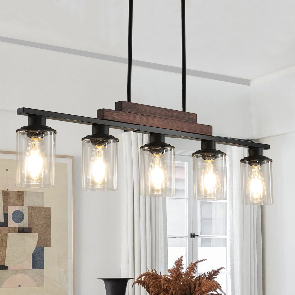 37" Farmhouse Industrial 5-Light Kitchen Island Pendant Light, Metal Wood Chandelier with Clear Glass Shades (No Bulbs)