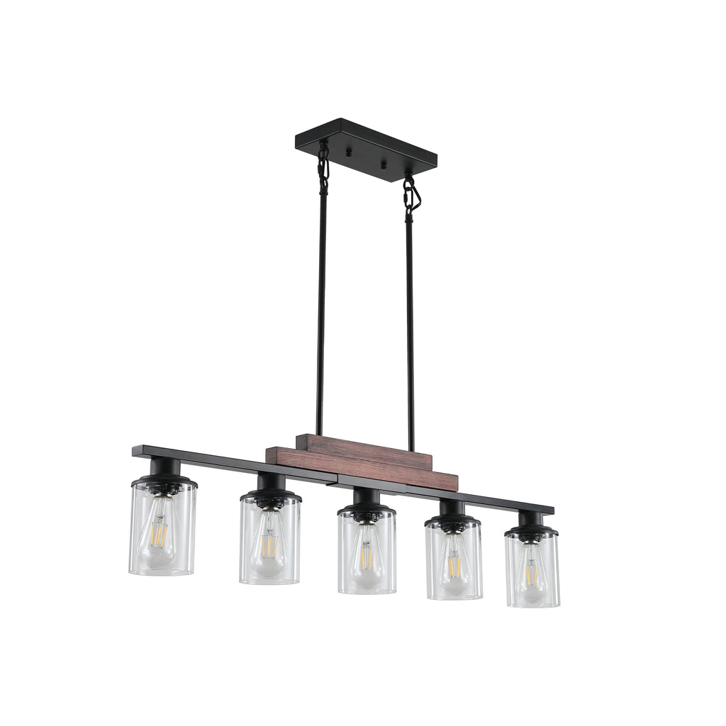 37" Farmhouse Industrial 5-Light Kitchen Island Pendant Light, Metal Wood Chandelier with Clear Glass Shades (No Bulbs)