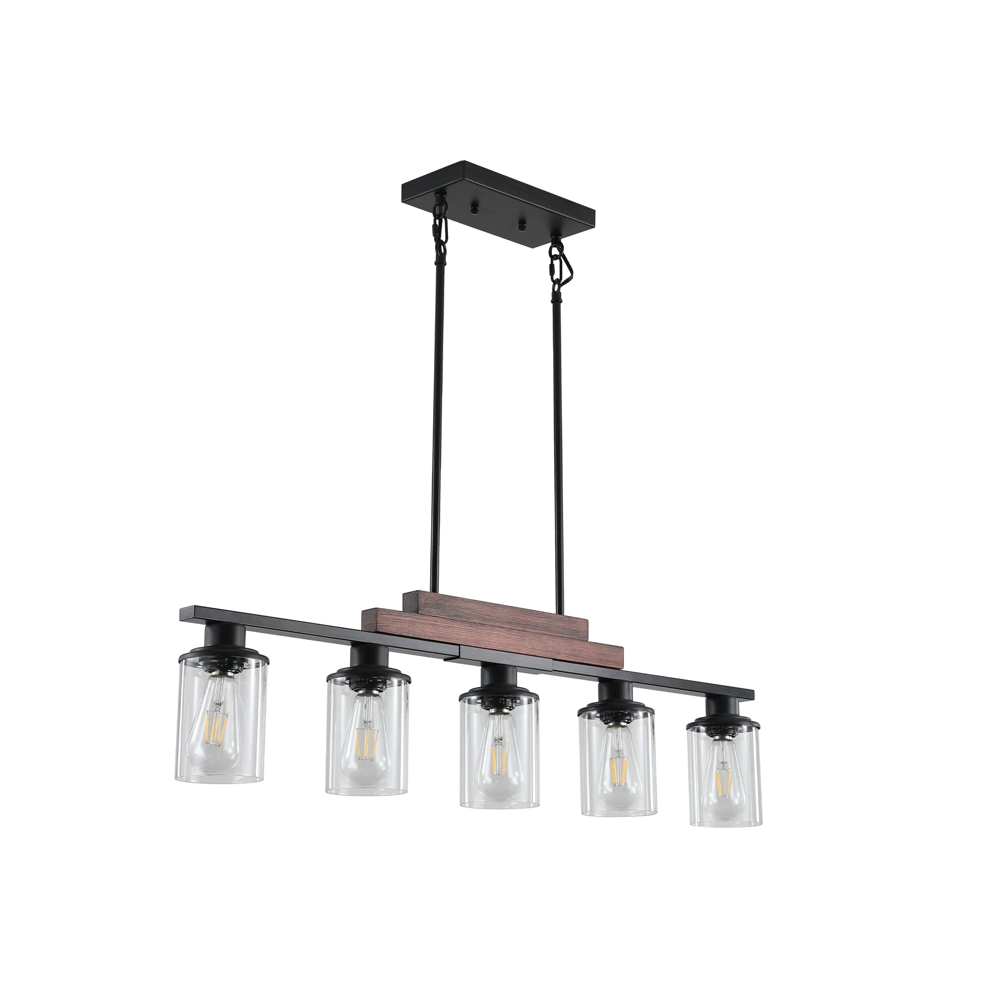 37" Farmhouse Industrial 5-Light Kitchen Island Pendant Light, Metal Wood Chandelier with Clear Glass Shades (No Bulbs)