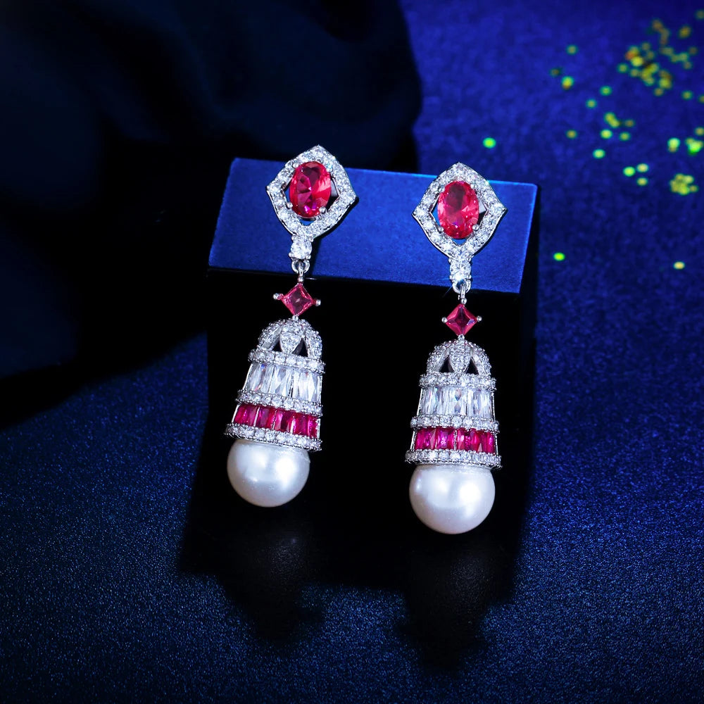 Glamorous Jewelry White and Red Rhodium Plated Cubic Zirconia Anniversary Pearl Long Drop Earring for Women Beauty Pageant