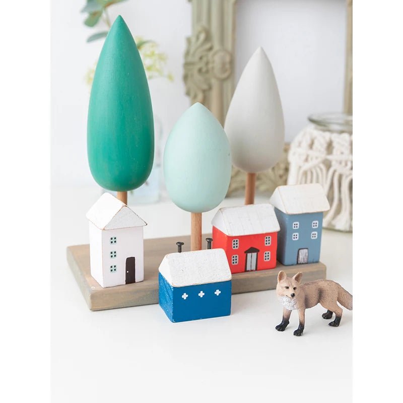 Vintage Wooden House Ornaments Table Decoration Wood Forest Architecture Desk Miniature Craft Work Home Kids Room Nursery Decor