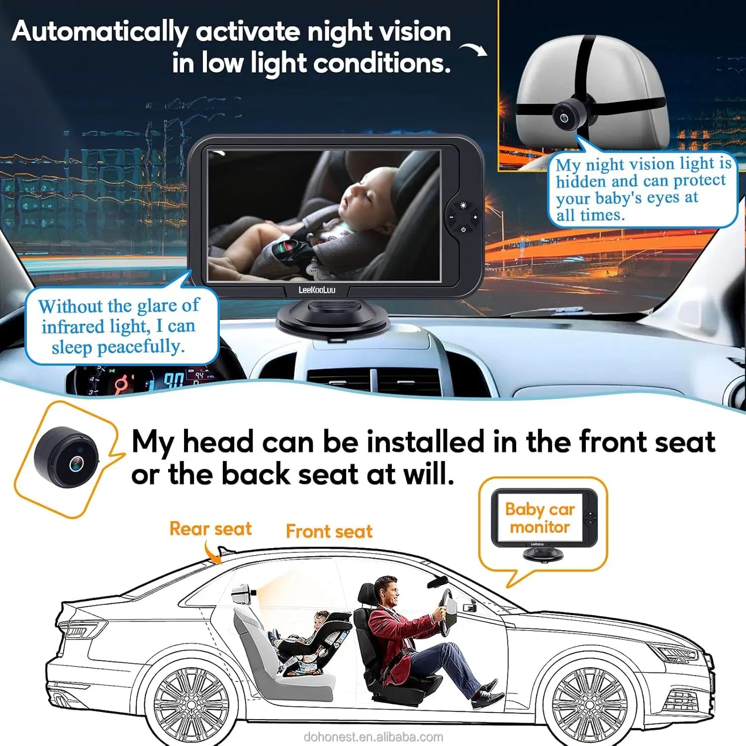 4.3 Inches Available for Rear Seat Pram Camera 1080p - Plug and Play, Child Rear View Rear Car Camera 360° Swivel
