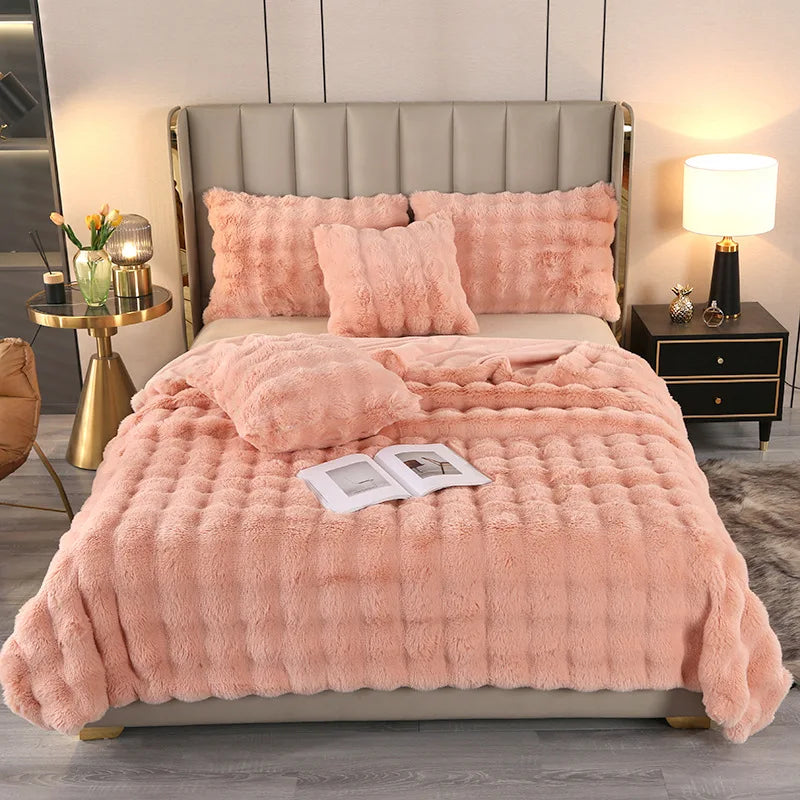Cross-border Winter Solid Knitted Bubble Velvet Thickened Fleece Warm Imitation Rabbit Plush Double Siesta Casual Blanket