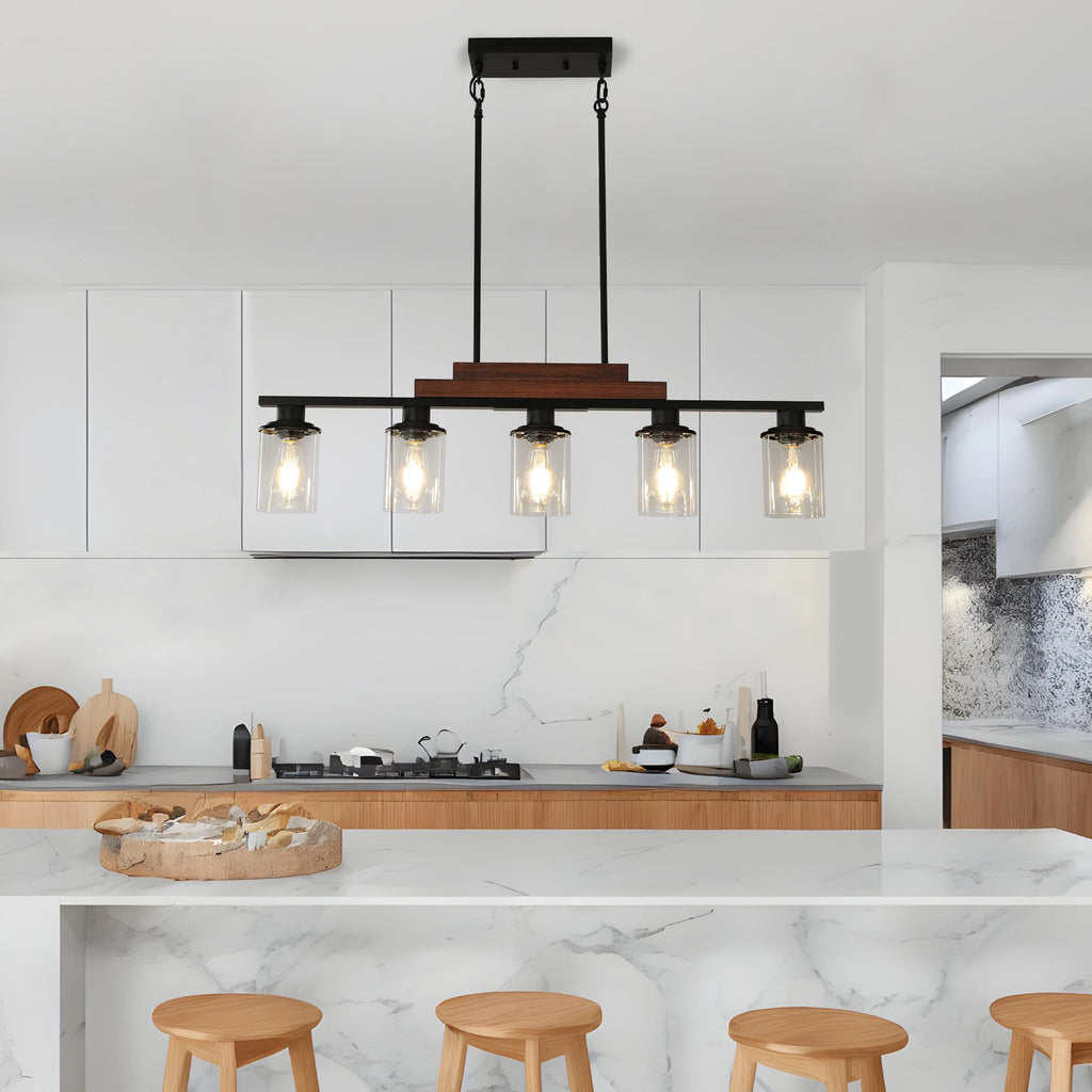 37" Farmhouse Industrial 5-Light Kitchen Island Pendant Light, Metal Wood Chandelier with Clear Glass Shades (No Bulbs)