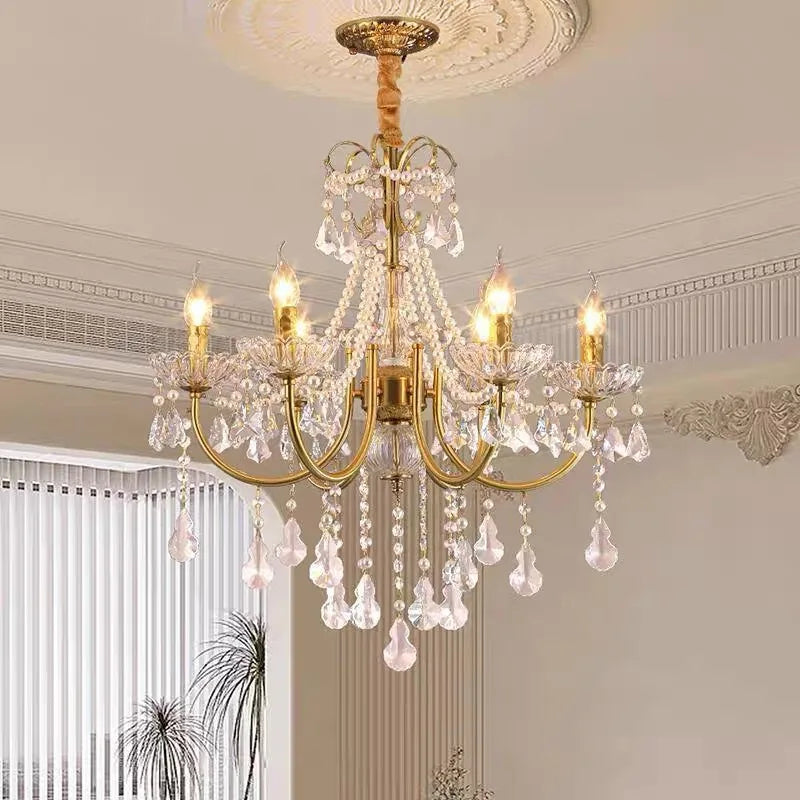 French Vintage Pearl Lamp American Retro Crystal Chandelier for Luxury Villa Dining Bedroom Middle Sizes Pendant Lights Ceiling