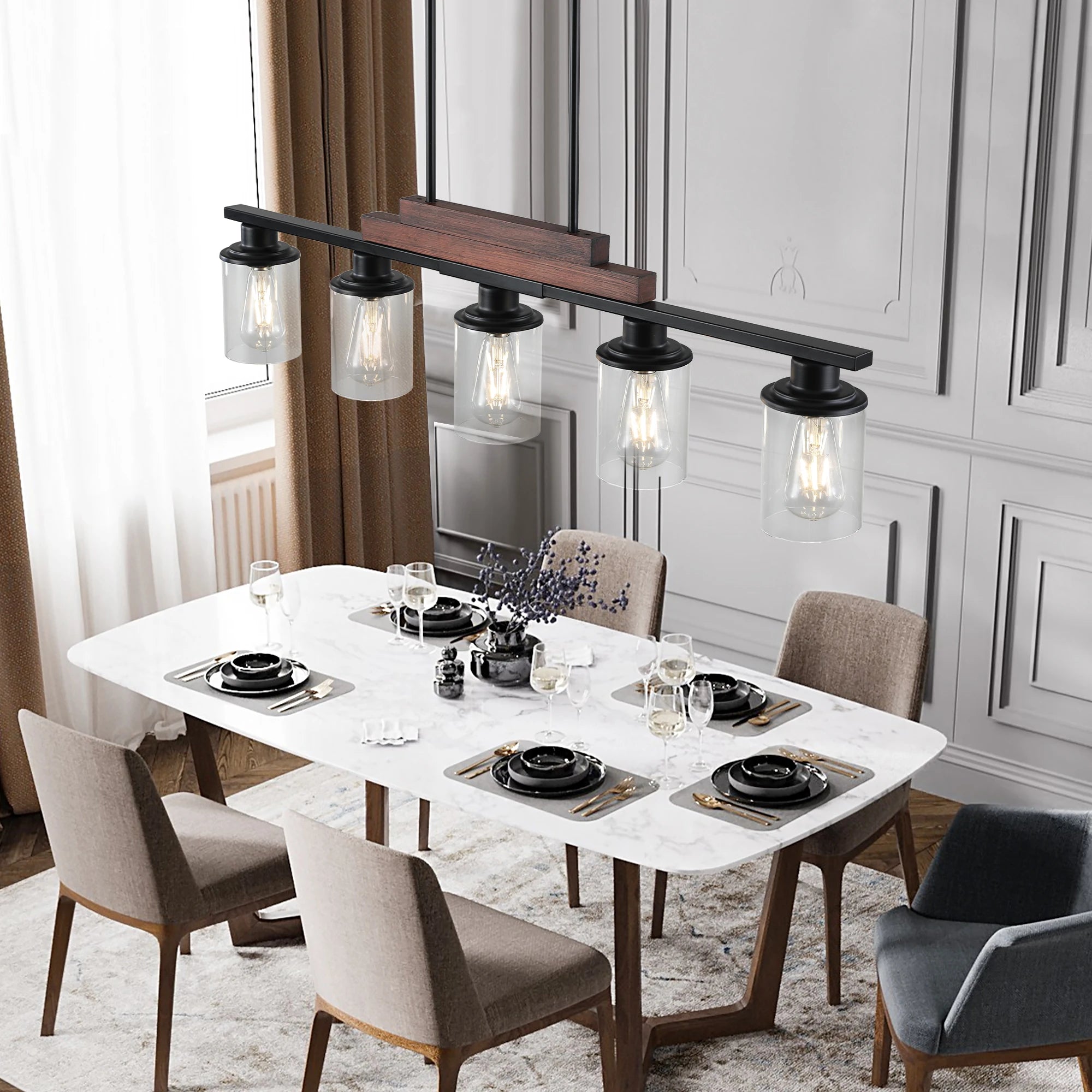 37" Farmhouse Industrial 5-Light Kitchen Island Pendant Light, Metal Wood Chandelier with Clear Glass Shades (No Bulbs)
