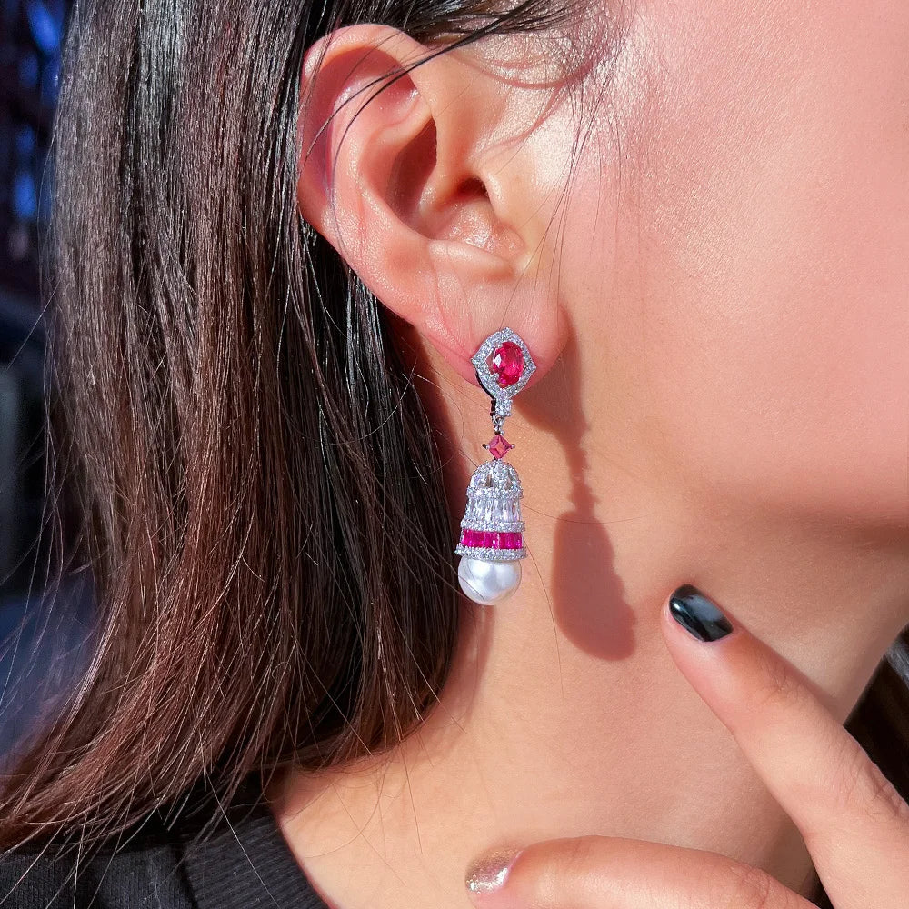 Glamorous Jewelry White and Red Rhodium Plated Cubic Zirconia Anniversary Pearl Long Drop Earring for Women Beauty Pageant