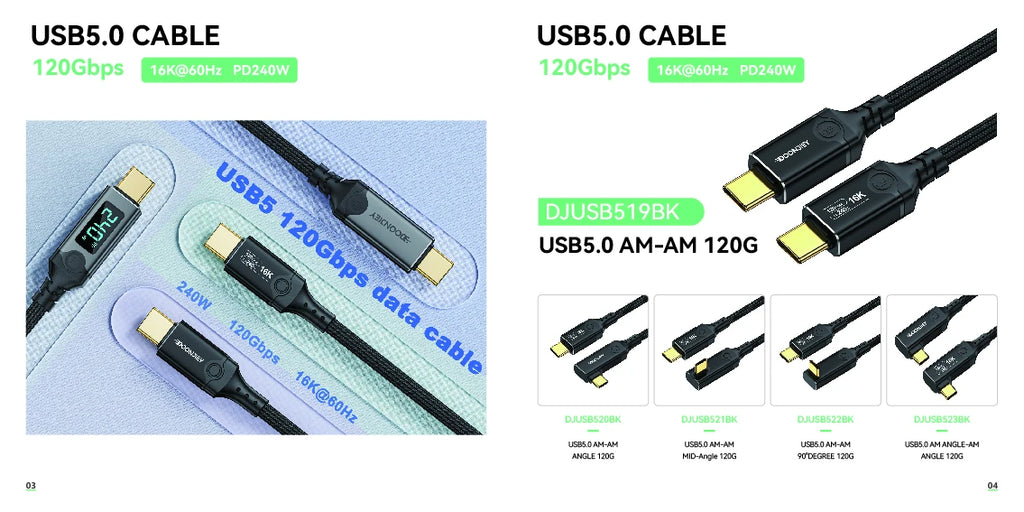 OEM 4.0 & 2.0V Thunderbolt 5 Type C USB Cable 120Gbps 240W 16K Aluminum Alloy Nylon Braided Data Cable for Laptop Mobile Printer