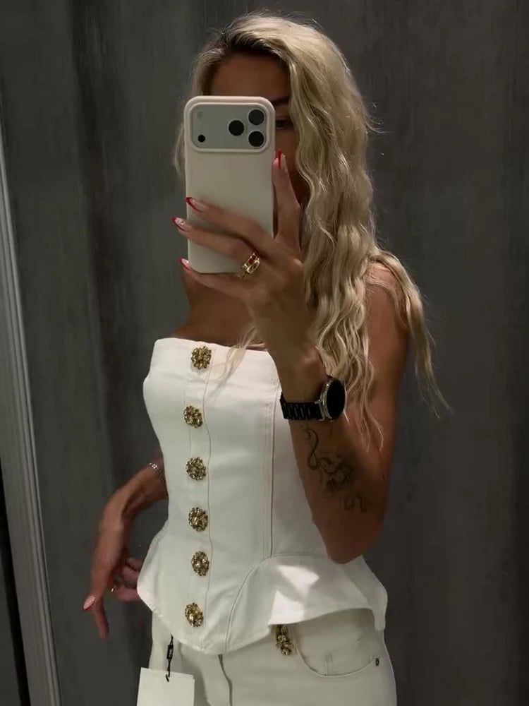 Sexy Waist Cinched Denim Women's Corset Top Slim Ruffles Sleeveless Backless Buttons Zipper Vest 2026 Summer Lady Solid Bustier